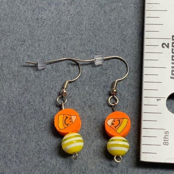 Halloween Earrings Smiling Candy Corn Orange Yellow Stripe - Picture 3 of 3